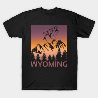 Wyoming Sunset Wolf Howling at The Moon Trees and Mountains T-Shirt